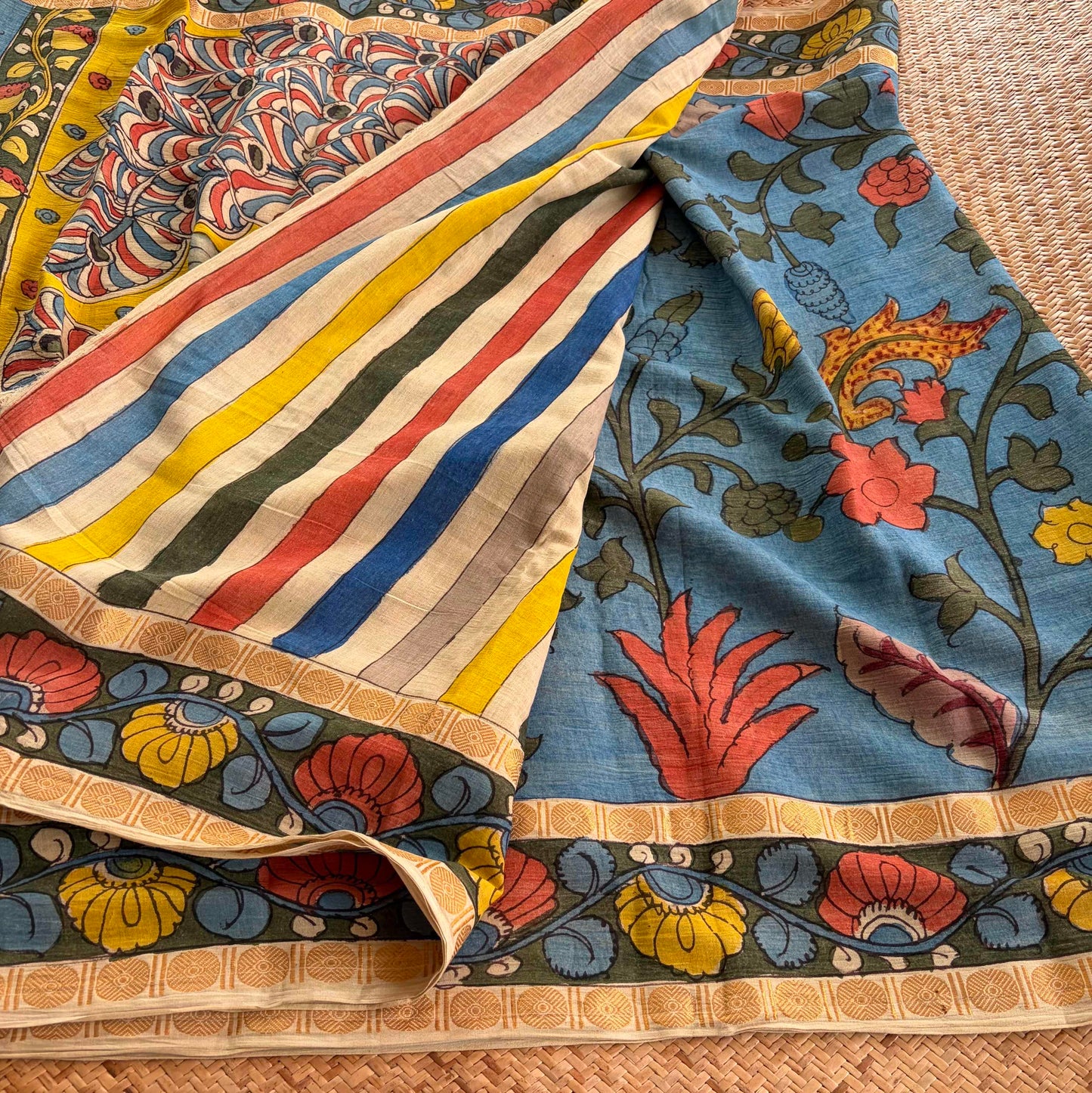 Blue, Kalamkari Hand Painted on Cotton Sungudi Saree With Blouse