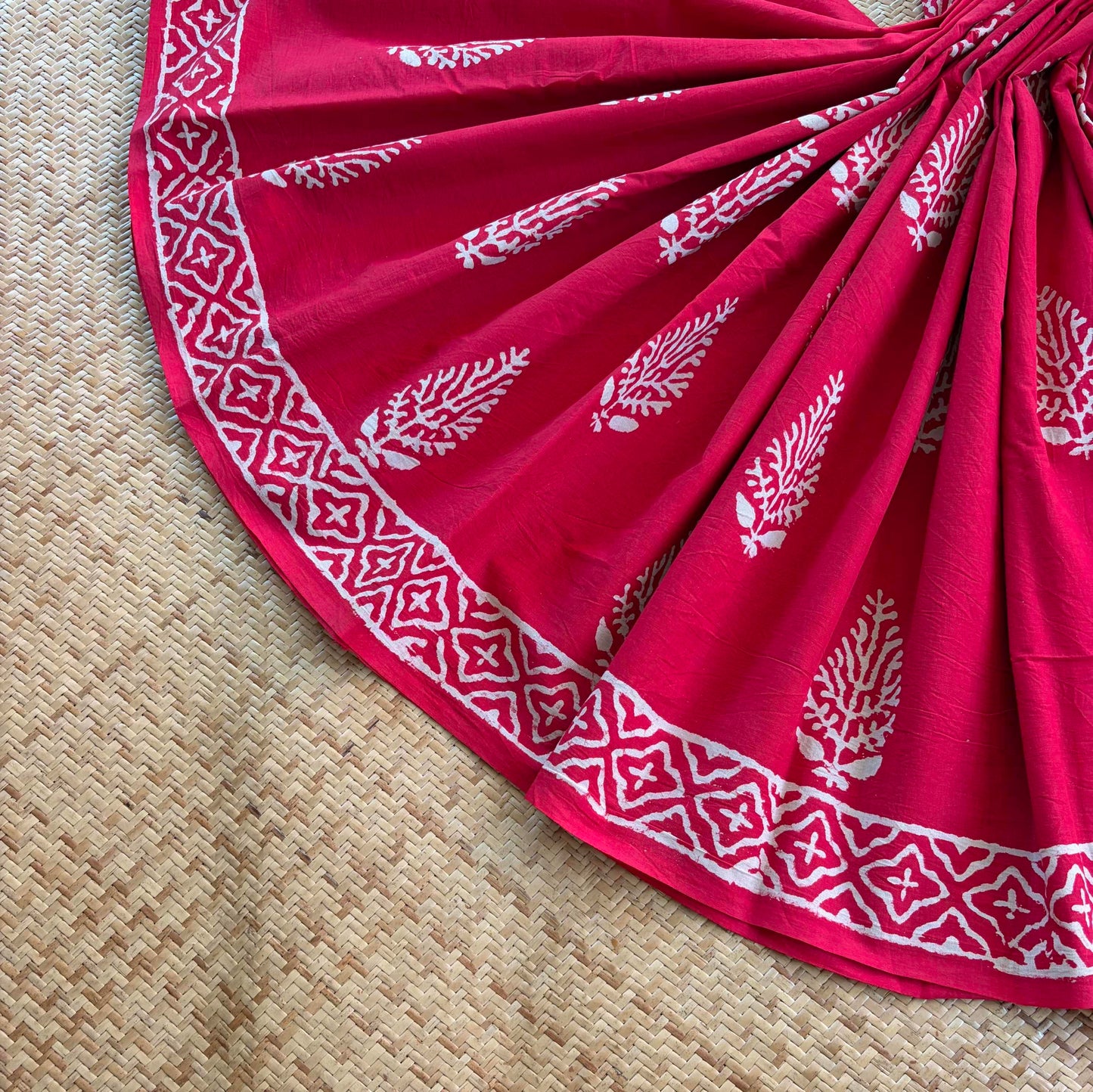 Mul Mul Cotton saree, Hand Block Printed, Red