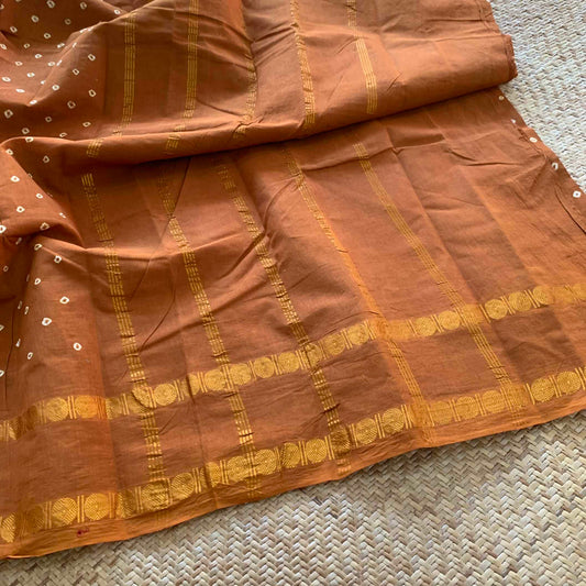 Light Brown Saree, Hand knotted Sungudi On a Rudraksham Border Cotton saree, Kaikattu Sungudi