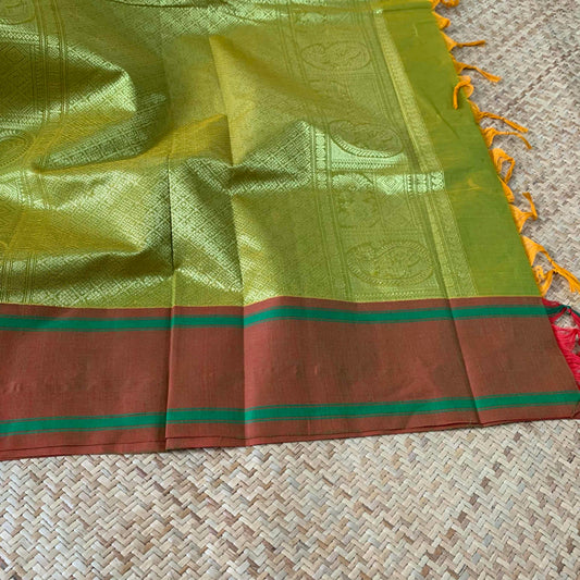 Kanchipuram Cotton Saree, Green Double Tone Saree with Brown Border, Grand Pallu and Yazhi Chakkaram Butta