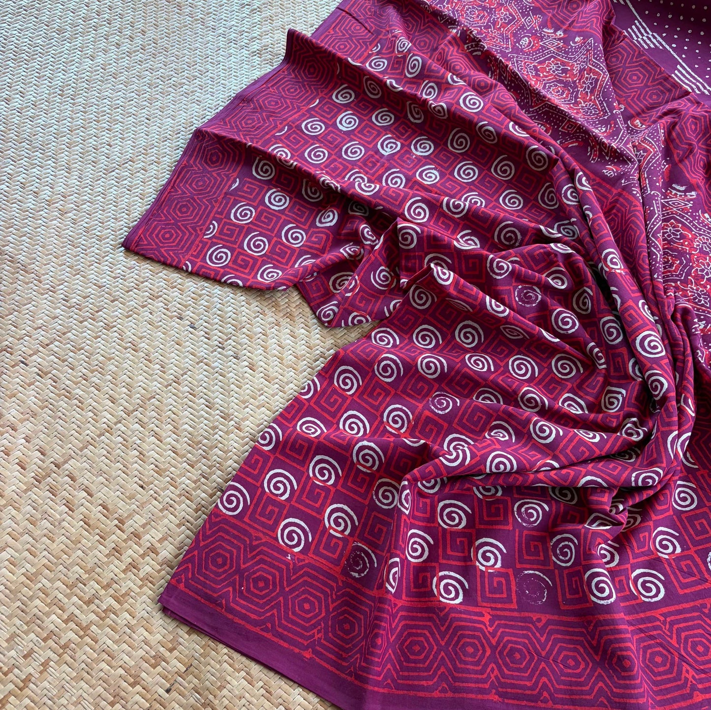 Mul Mul Cotton saree, Hand Block Printed, Maroon