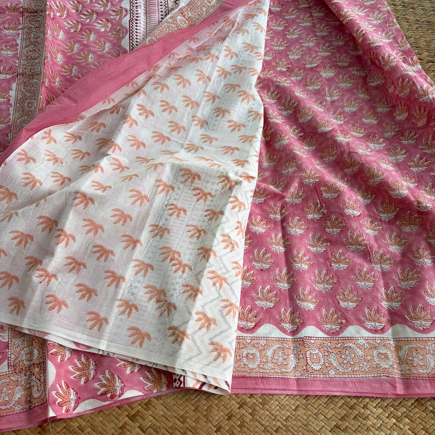 Mul Mul Cotton saree, Hand Block Printed, Pink