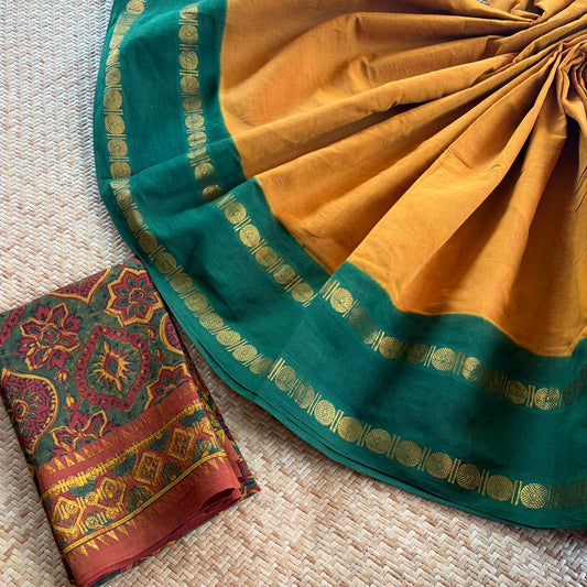 Mustard Saree With Ajrak Printed Blouse , Zari Rudraksham Rettai Pettu Border , Clamp dyed (Kattu sayam)