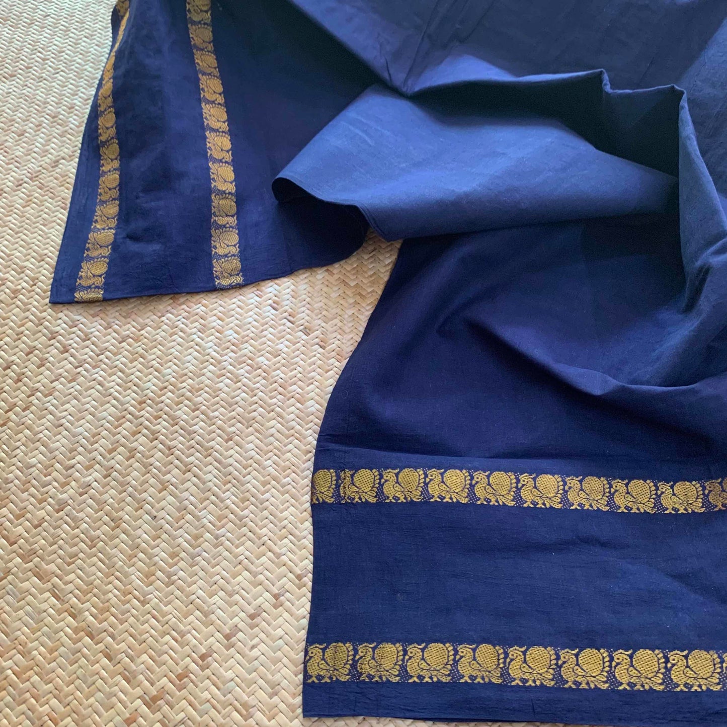 Navy Blue Saree , Zari Annam Rettai Pettu Border , Clamp dyed (Kattu sayam).