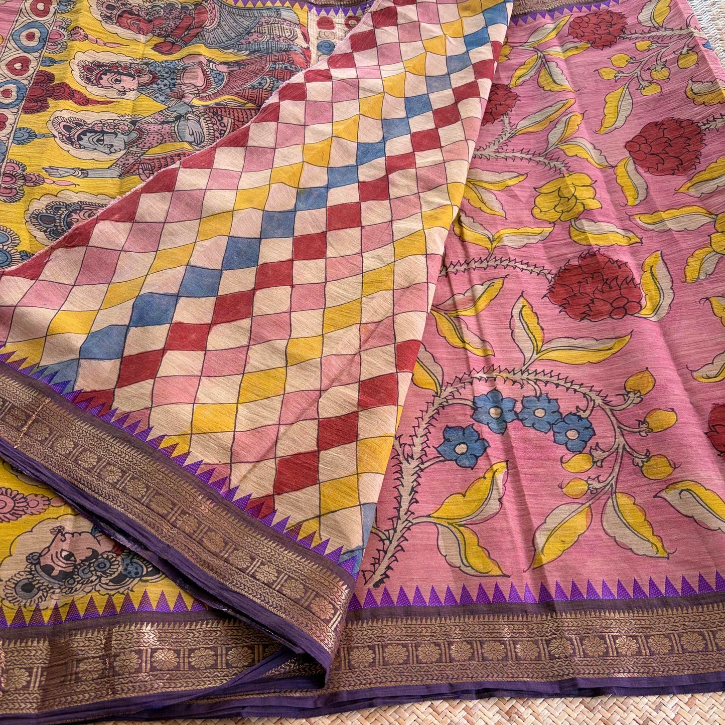 Pink, Kalamkari Hand Painted on Chettinad Cotton saree