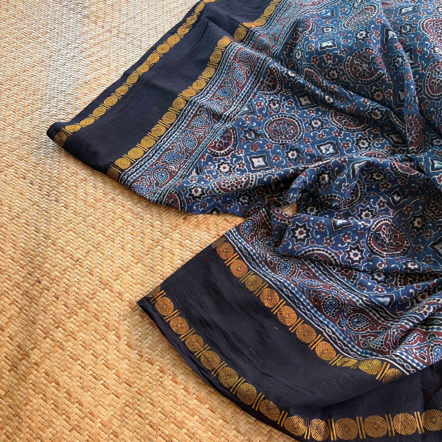 Indigo, Ajrak Hand Block Printed On Madurai Cotton Saree With Zari