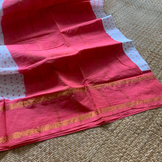 Coral Rudraksham Border With Block Print, Sungudi Saree