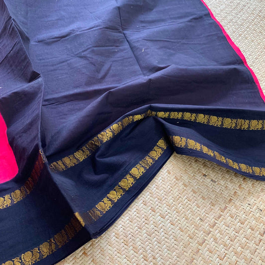 Pink Saree With Navy Border, Zari Annam Rettai Pettu Border , Clamp dyed (Kattu sayam).