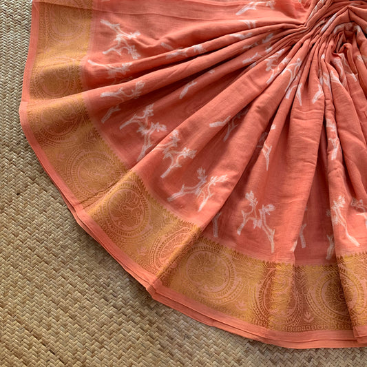 Pastel Orange, Hand Crafted Shibori Sungudi Cotton Saree