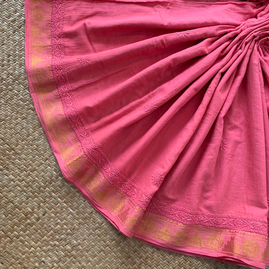 Salmon Pink Chickankari Hand Embroidery on a Sungudi Cotton Saree