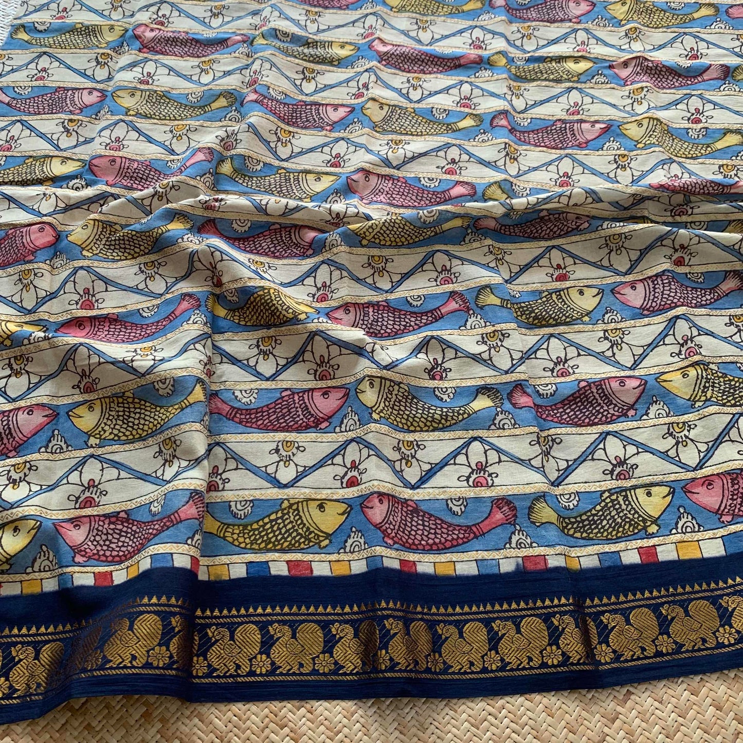 Meen- Kalamkari Hand Painted on a Madurai Sungudi Cotton Blouse Piece