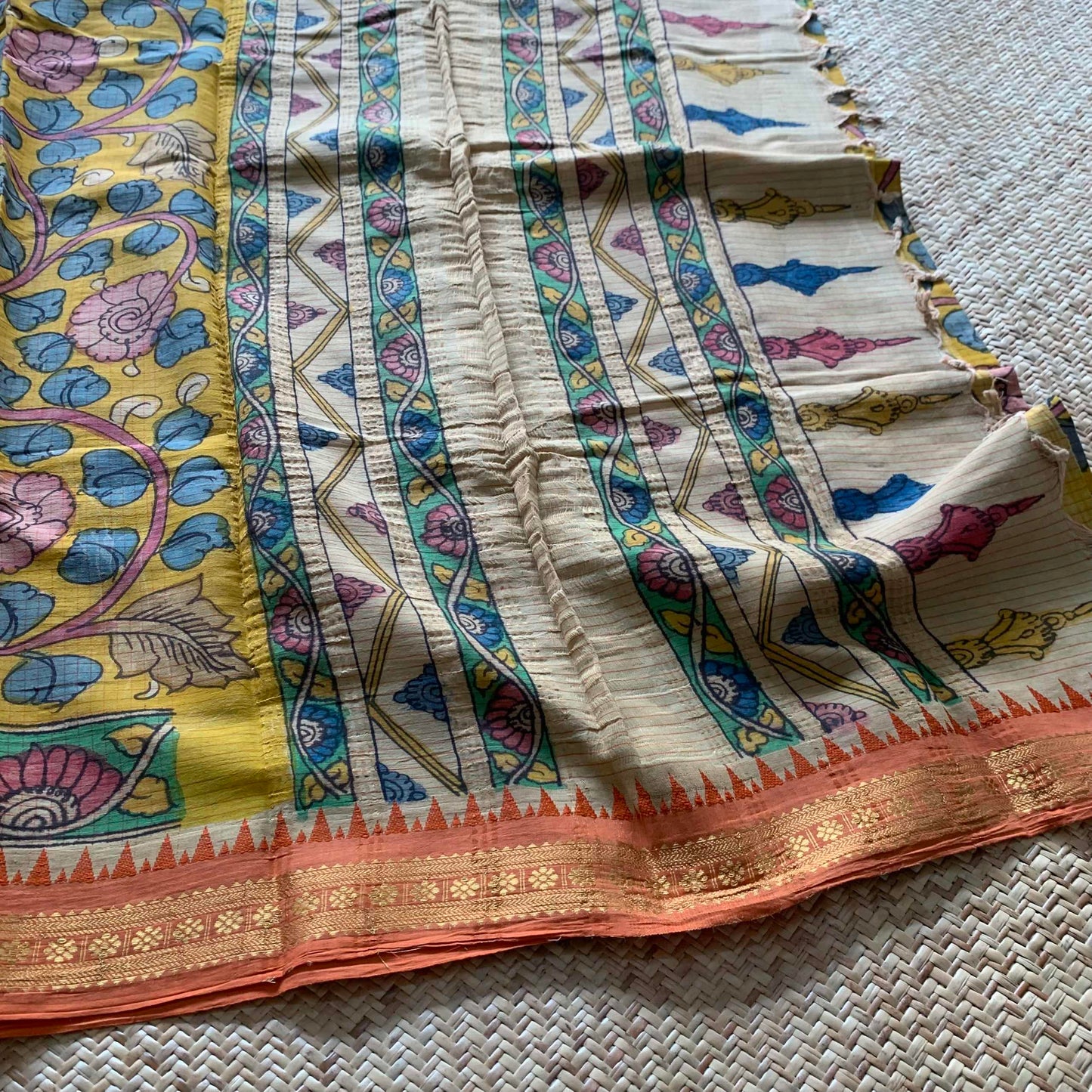 Golden Yellow Kalamkari Hand Painted on Chettinad Cotton saree