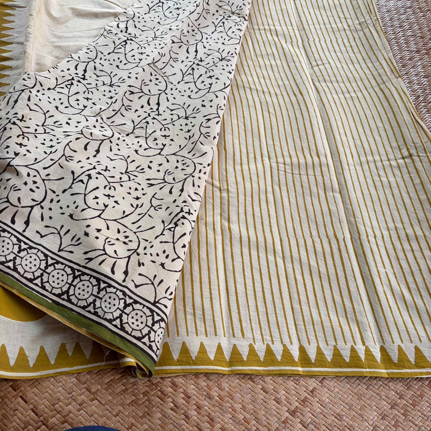 Mul Mul Cotton saree, Hand Block Printed, Mustard