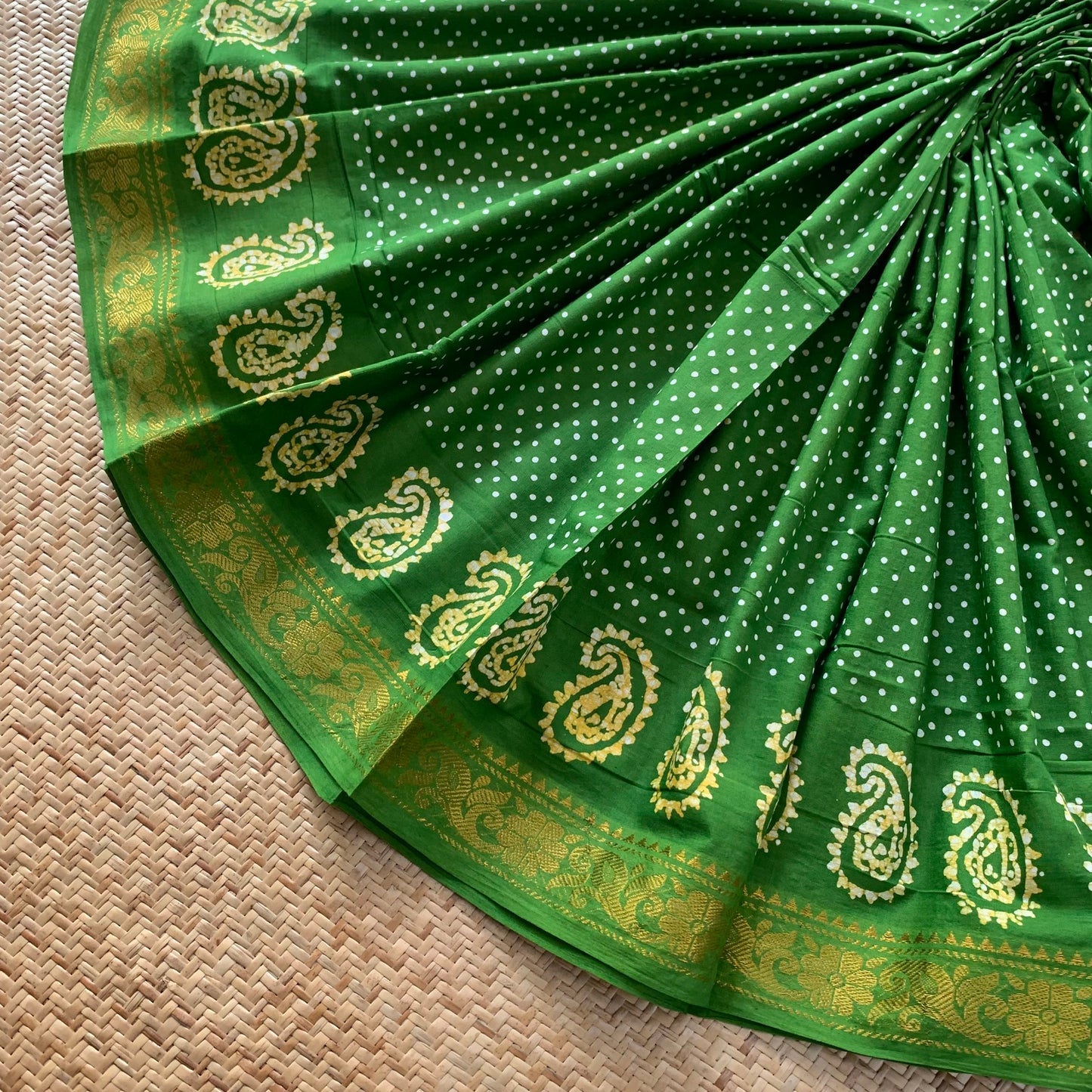 Green Hand Crafted wax print Sungudi Mul Mul Cotton Saree