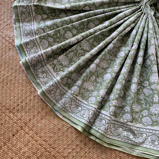 Mul Mul Cotton saree, Hand Block Printed, Pastel Green