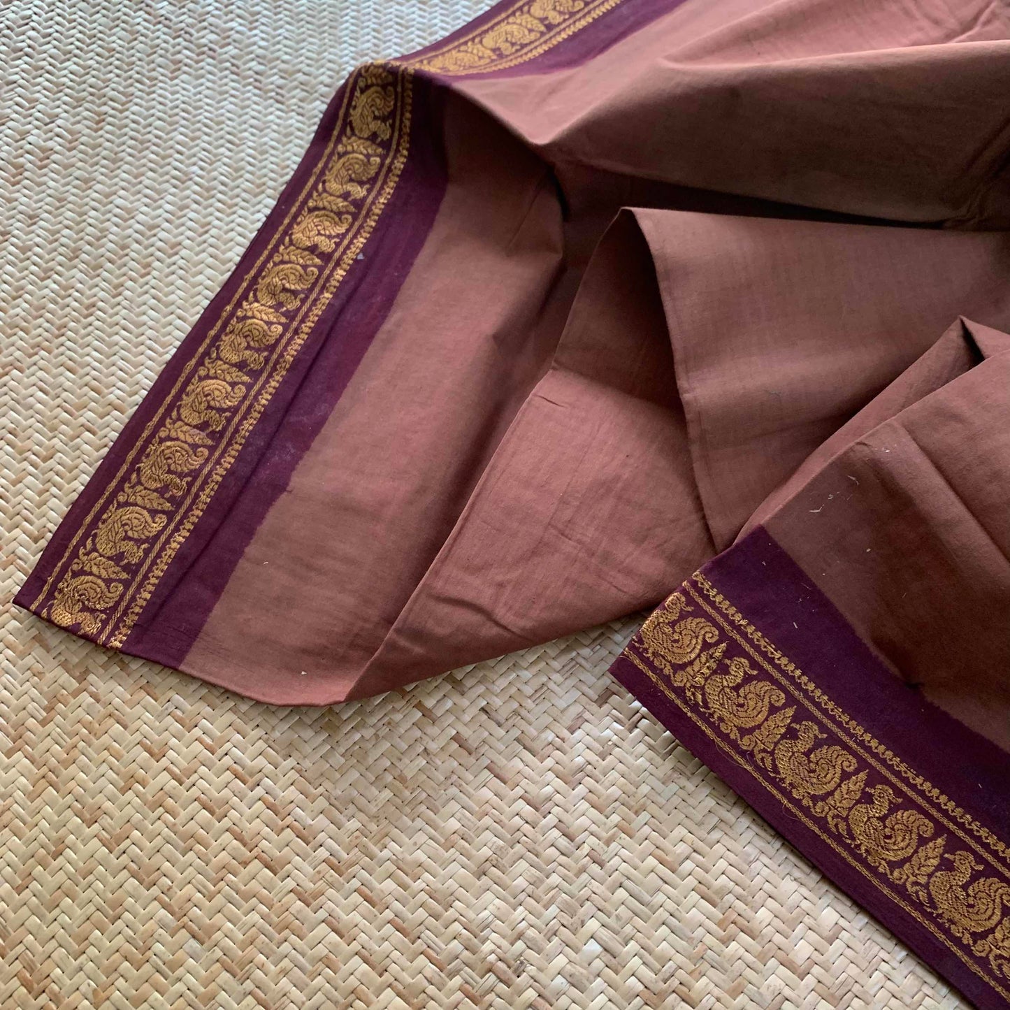 Chocolate Brown Saree With Beetle Nut Brown Half Fine Zari Border, Clamp dyed (Kattu sayam).