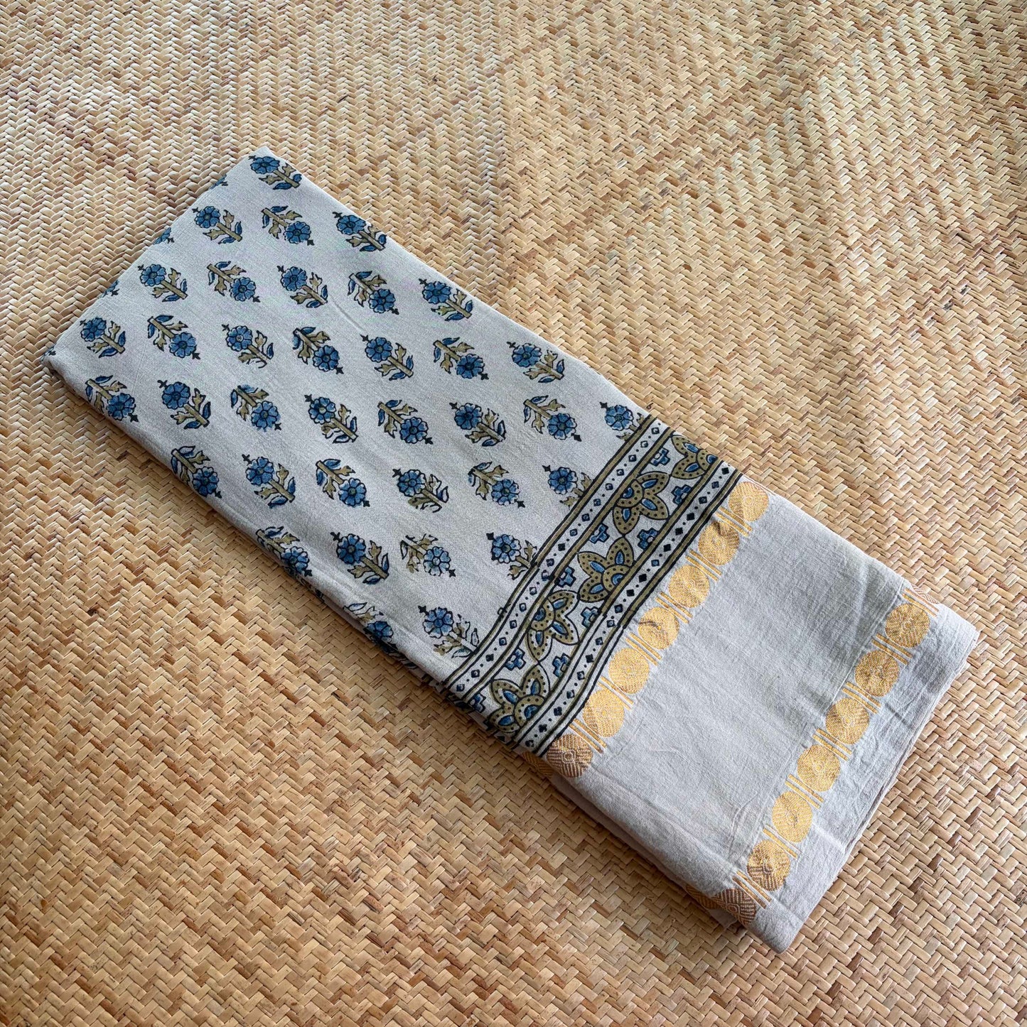 Pastel Grey, Ajrak Hand Block Printed On Madurai Cotton Saree With Zari