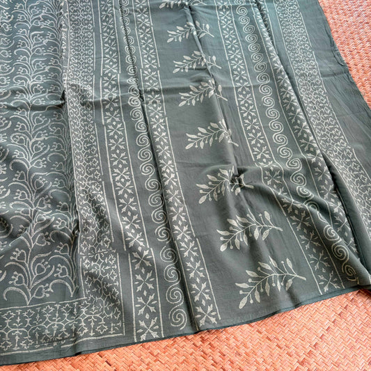 Mul Mul Cotton saree, Hand Block Printed, green