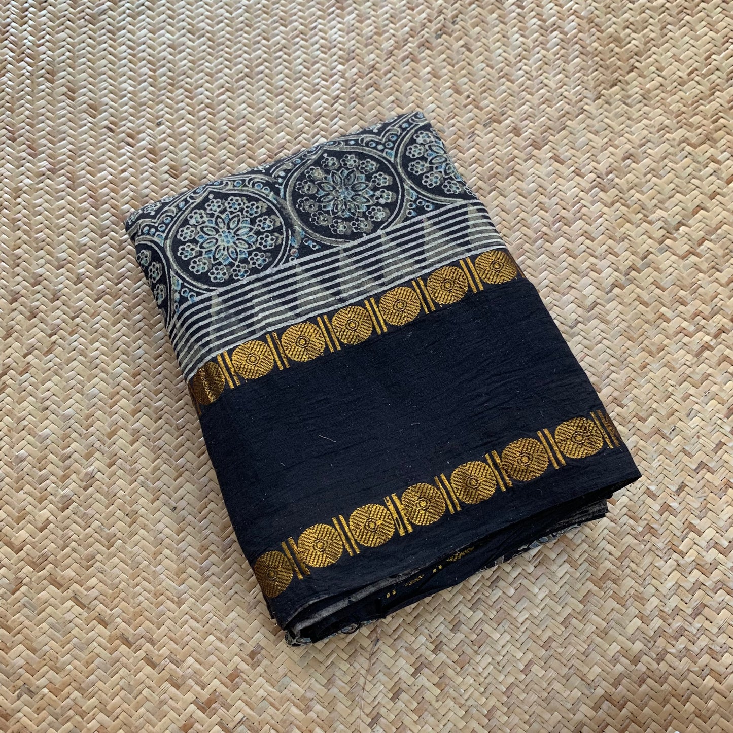 Patterned Flowers-Charcoal , Ajrak Hand Block Printed On Madurai Cotton Saree With Zari