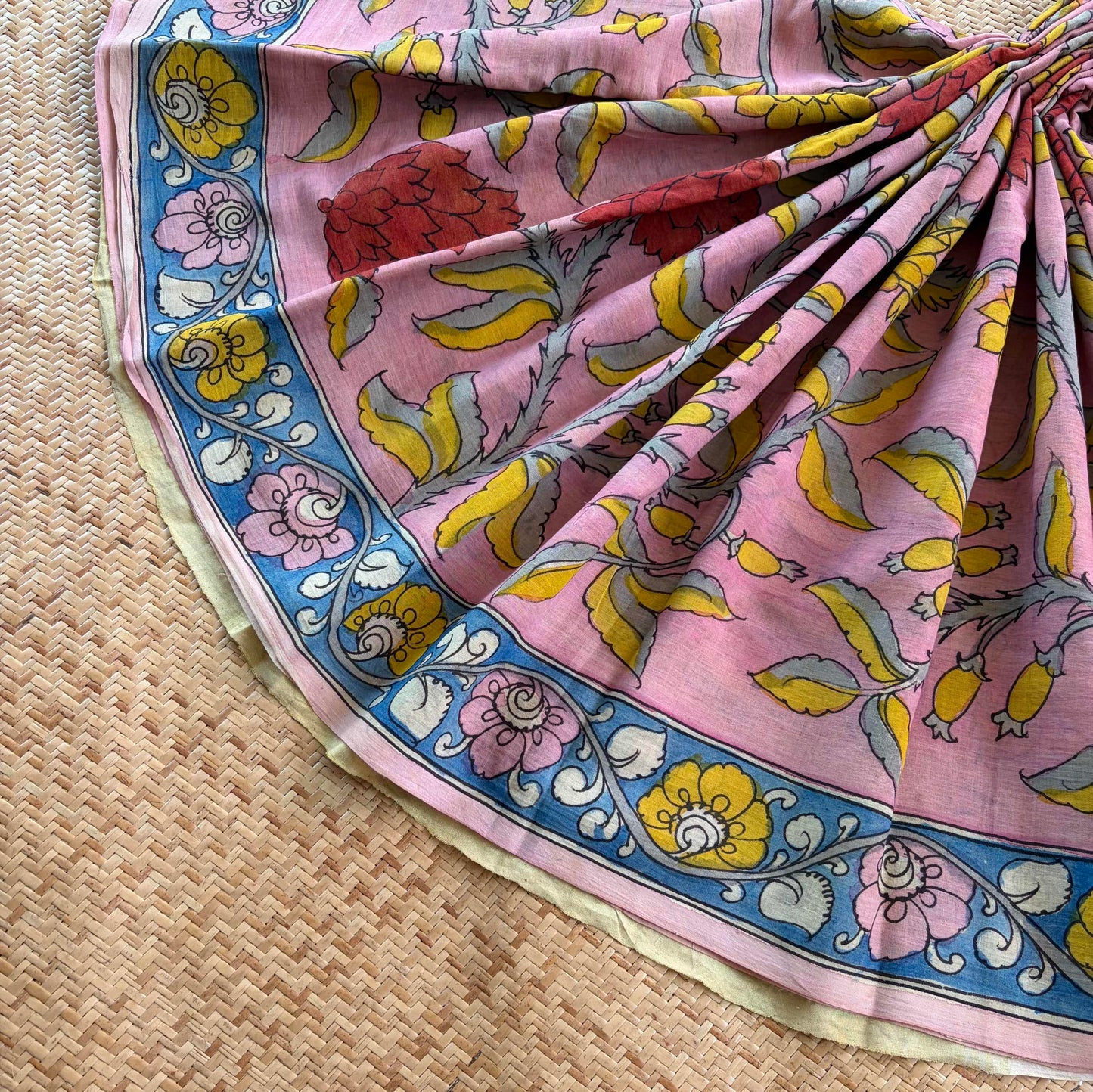 Botanical, Kalamkari Hand Painted on a Madurai Velthari Sungudi Cotton saree.