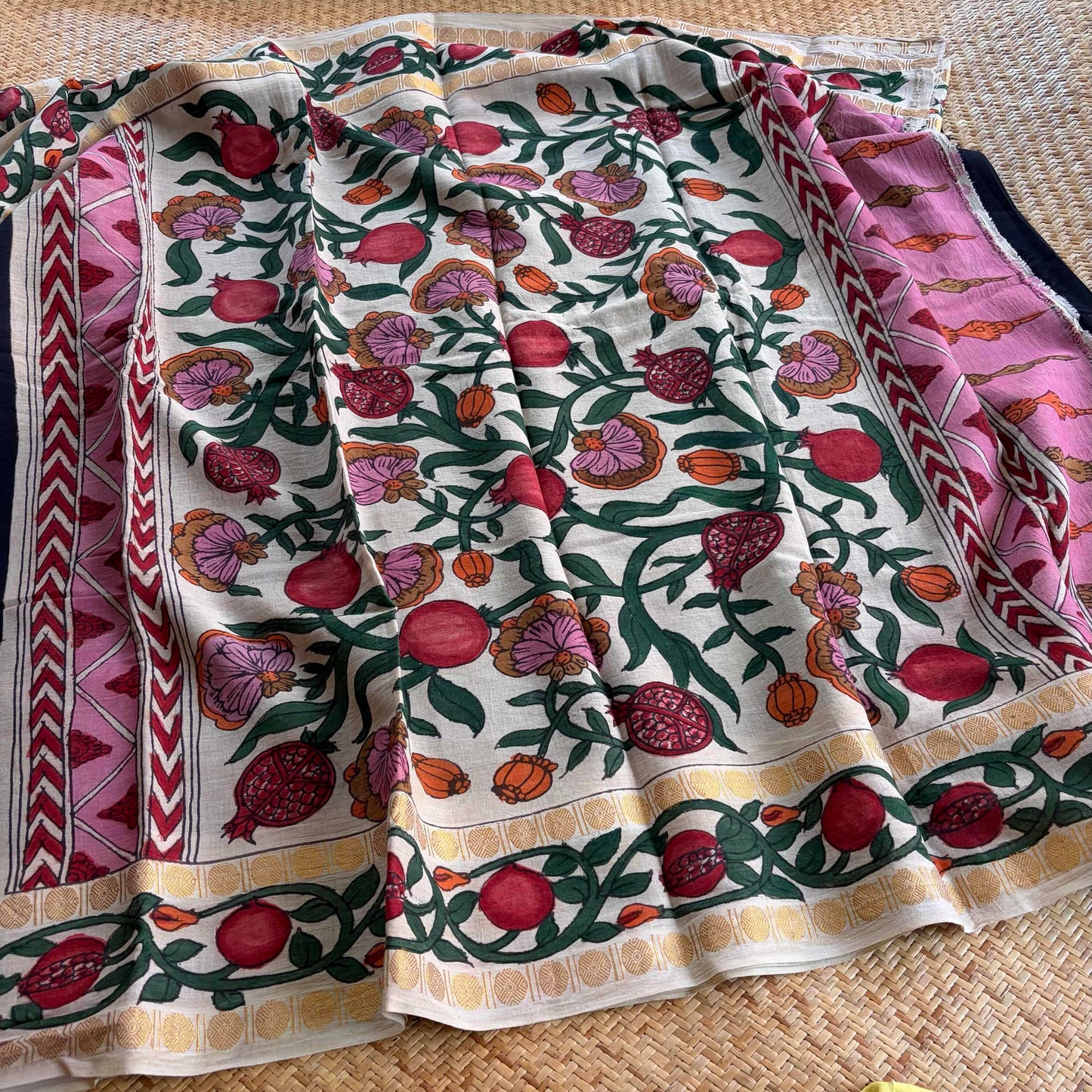 Pomegranate - Kalamkari Hand Painted on a Madurai Sungudi Cotton saree. With Blouse