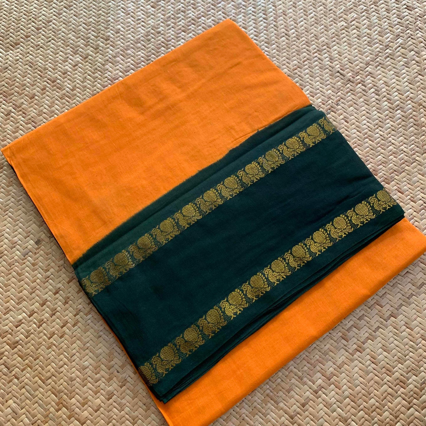 Yellow Saree With Green Border, Zari Annam Rettai Pettu Border , Clamp dyed (Kattu sayam).