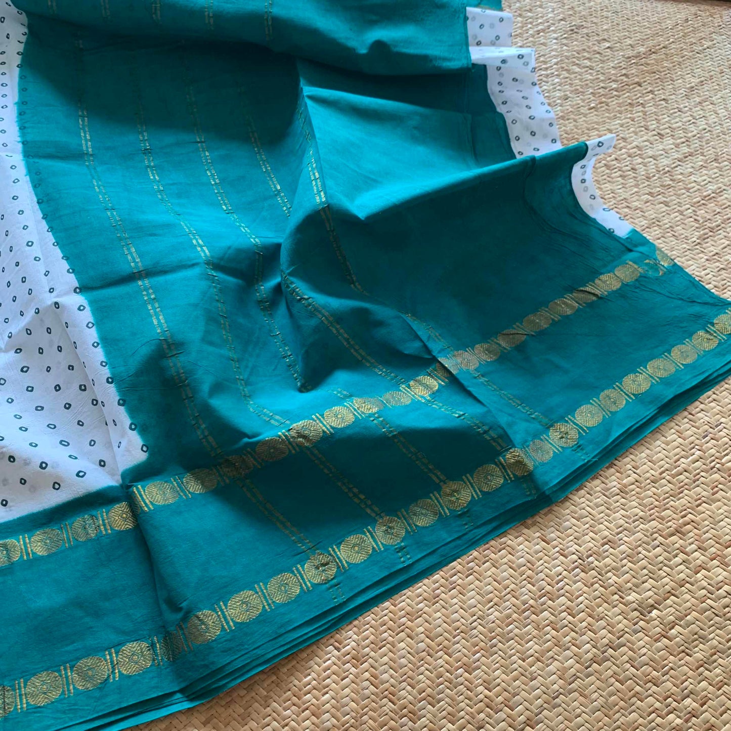 Rama Green Rudraksham Border With Block Print, Sungudi Saree