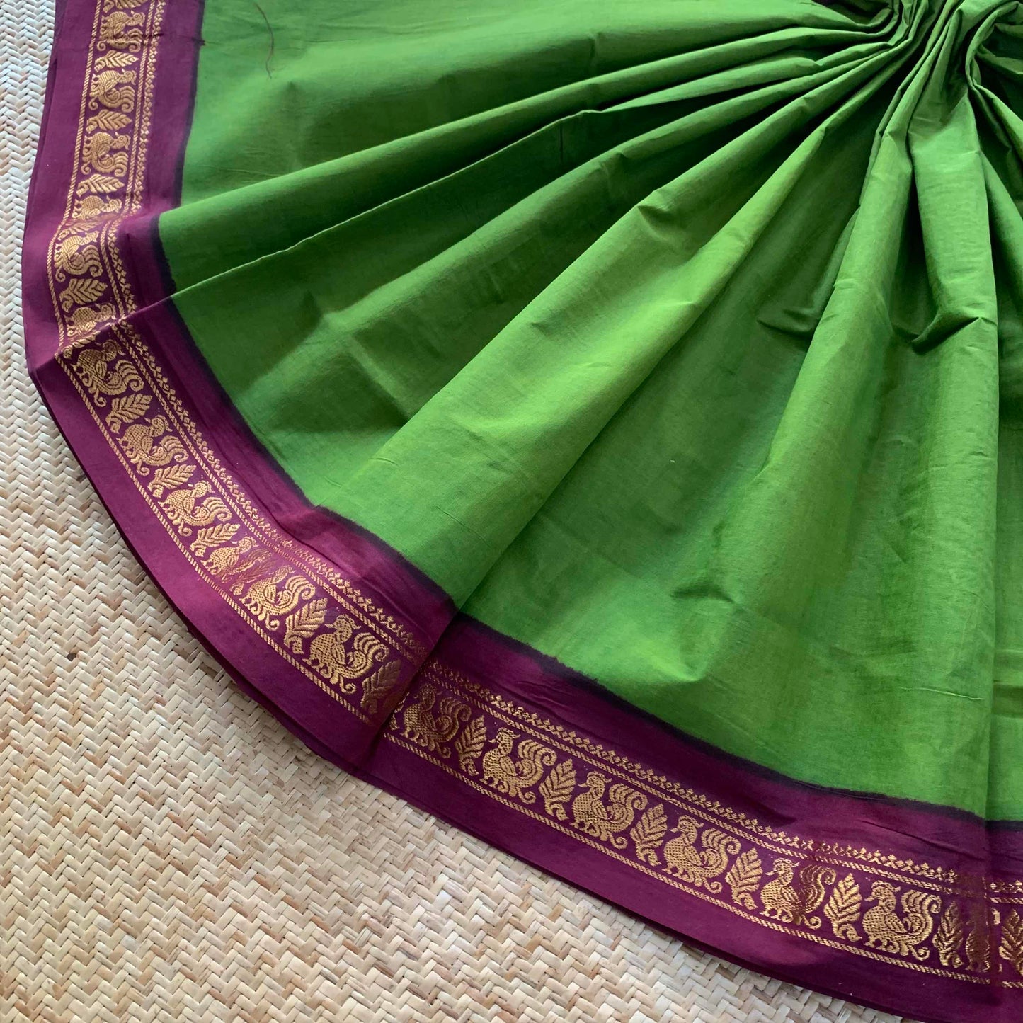 Green Saree With Beetle Nut Brown Half Fine Zari Border, Clamp dyed (Kattu sayam).