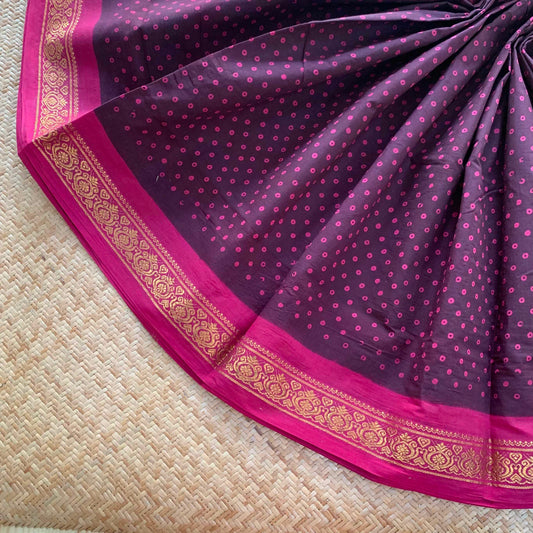 Brown Saree With Pink Wax Print, Half Fine Zari Premium Sungudi Cotton Sarees