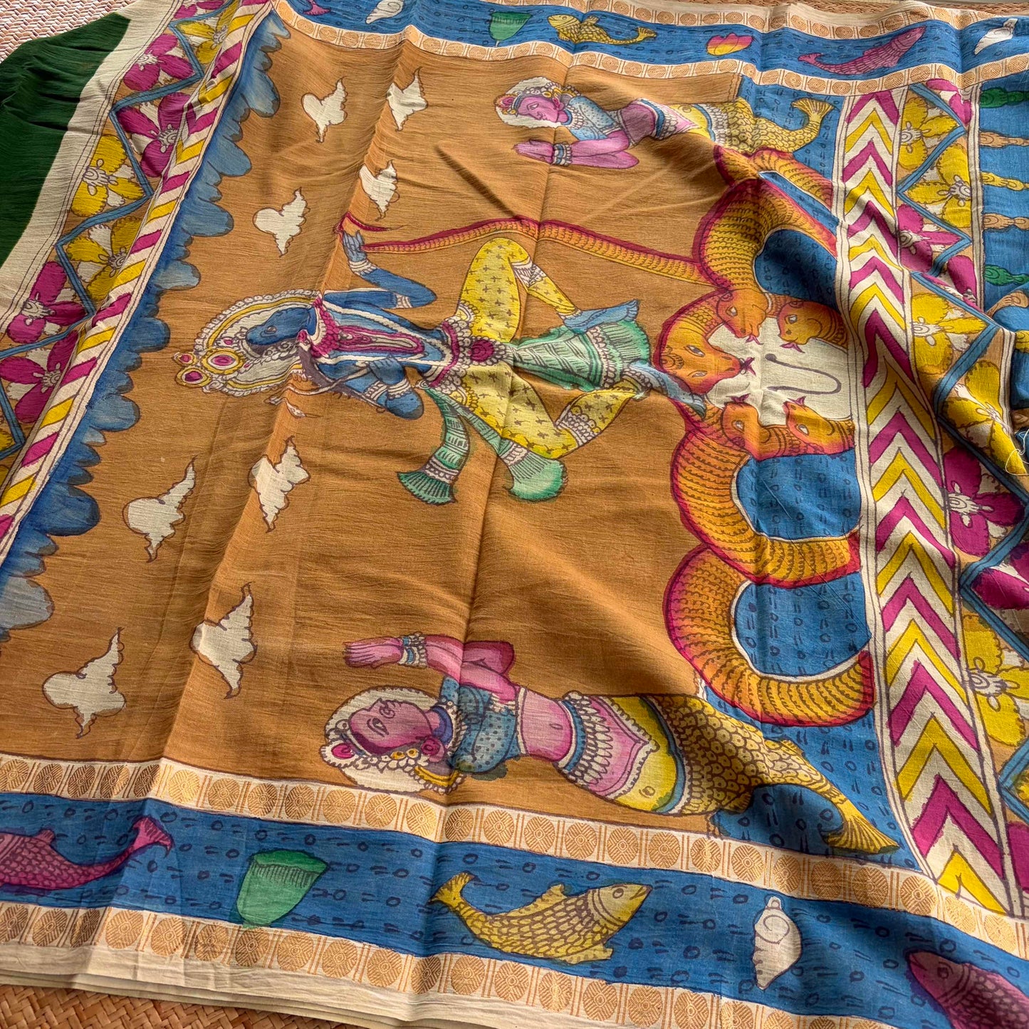 Fish 🐋 - Kalamkari Hand Painted on a Madurai Sungudi Cotton saree. With Blouse