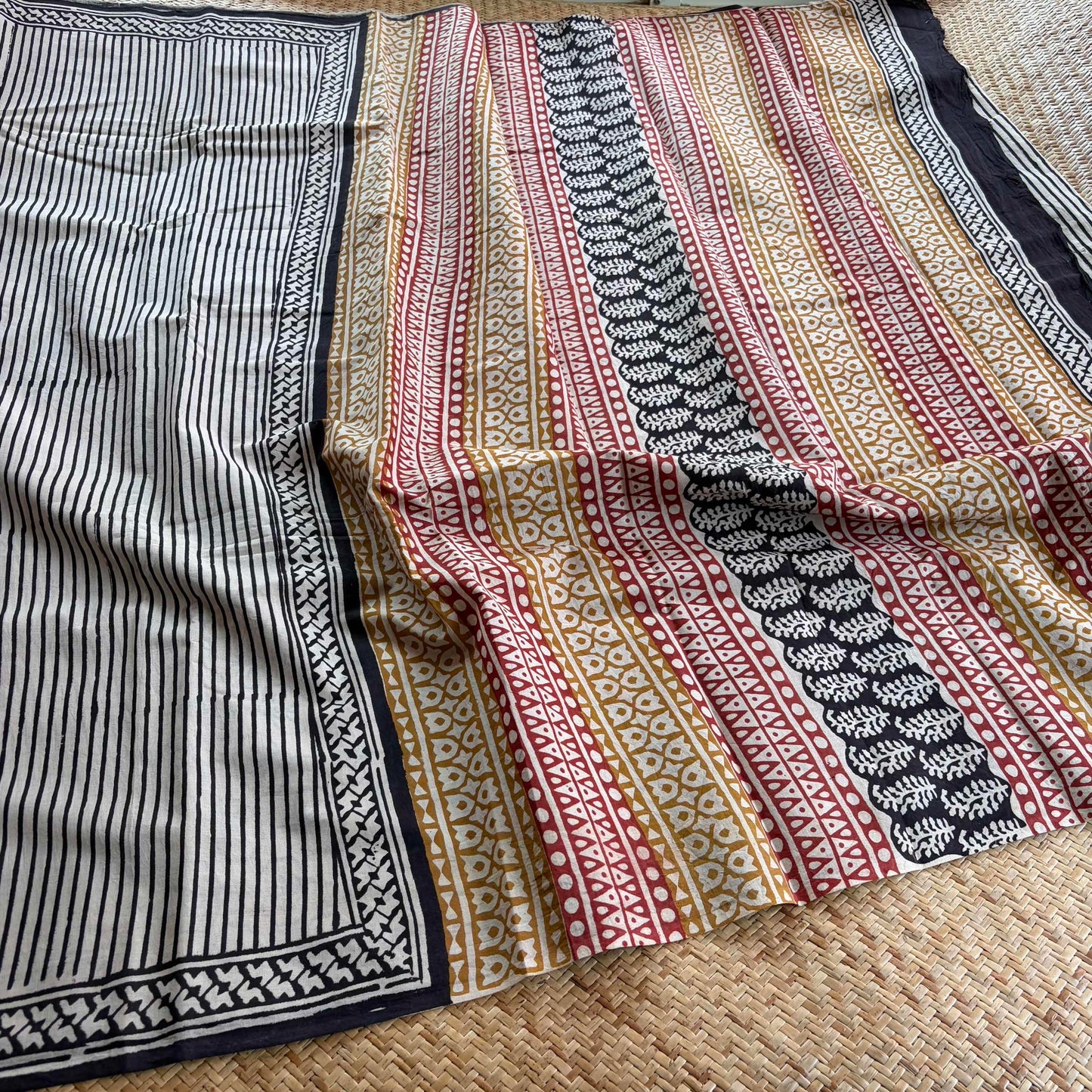Mul Mul Cotton saree, Hand Block Printed, Black