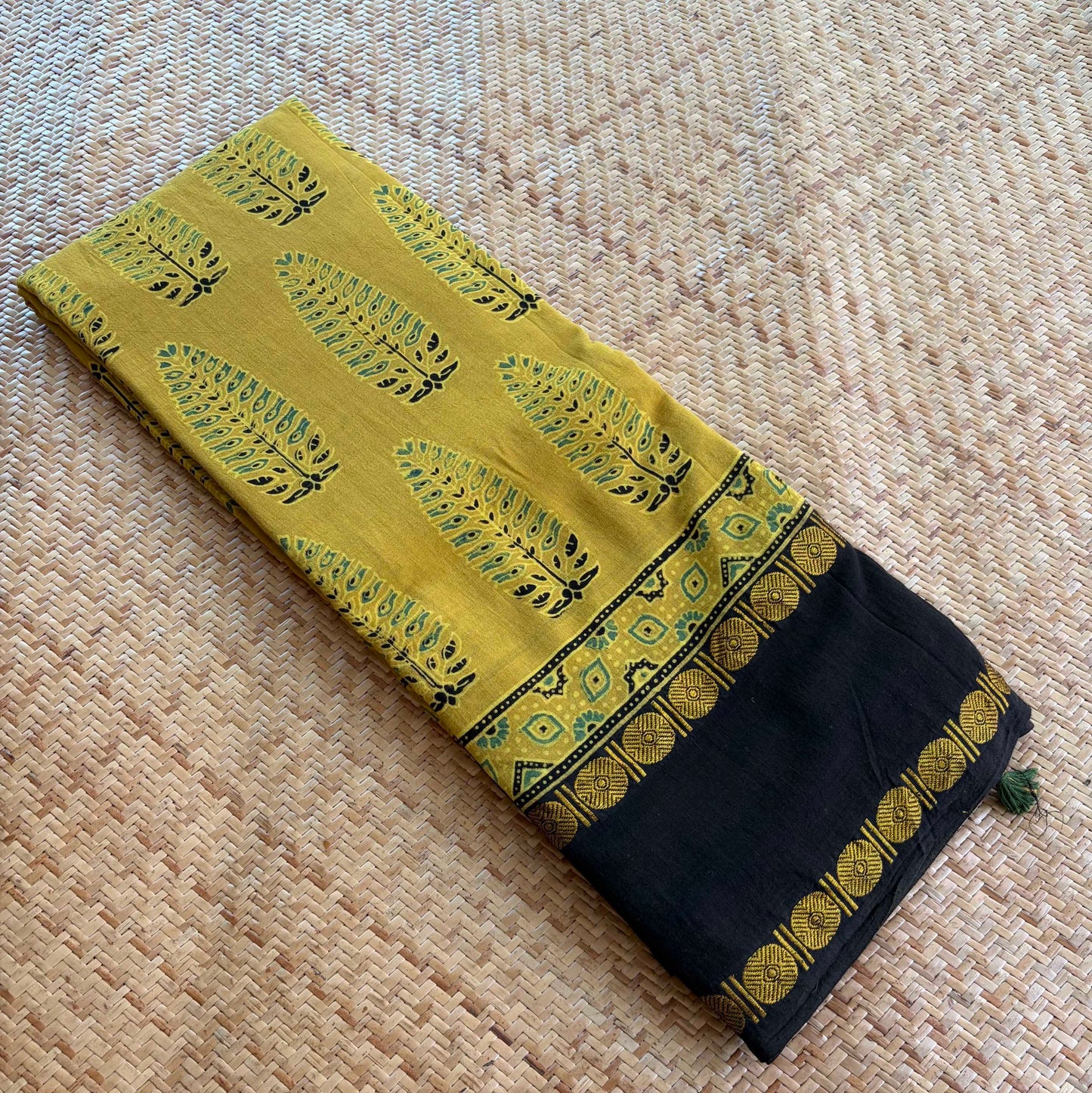 Mustard, Ajrak Hand Block Printed On Madurai Cotton Saree With Zari