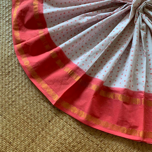 Coral Rudraksham Border With Block Print, Sungudi Saree