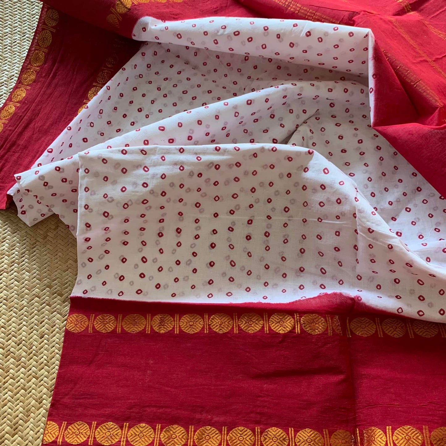 Red Rudraksham Border With Block Print, Sungudi Saree