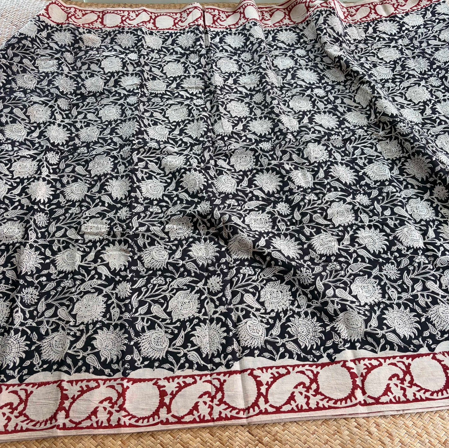 Mul Mul Cotton saree, Hand Block Printed, Black