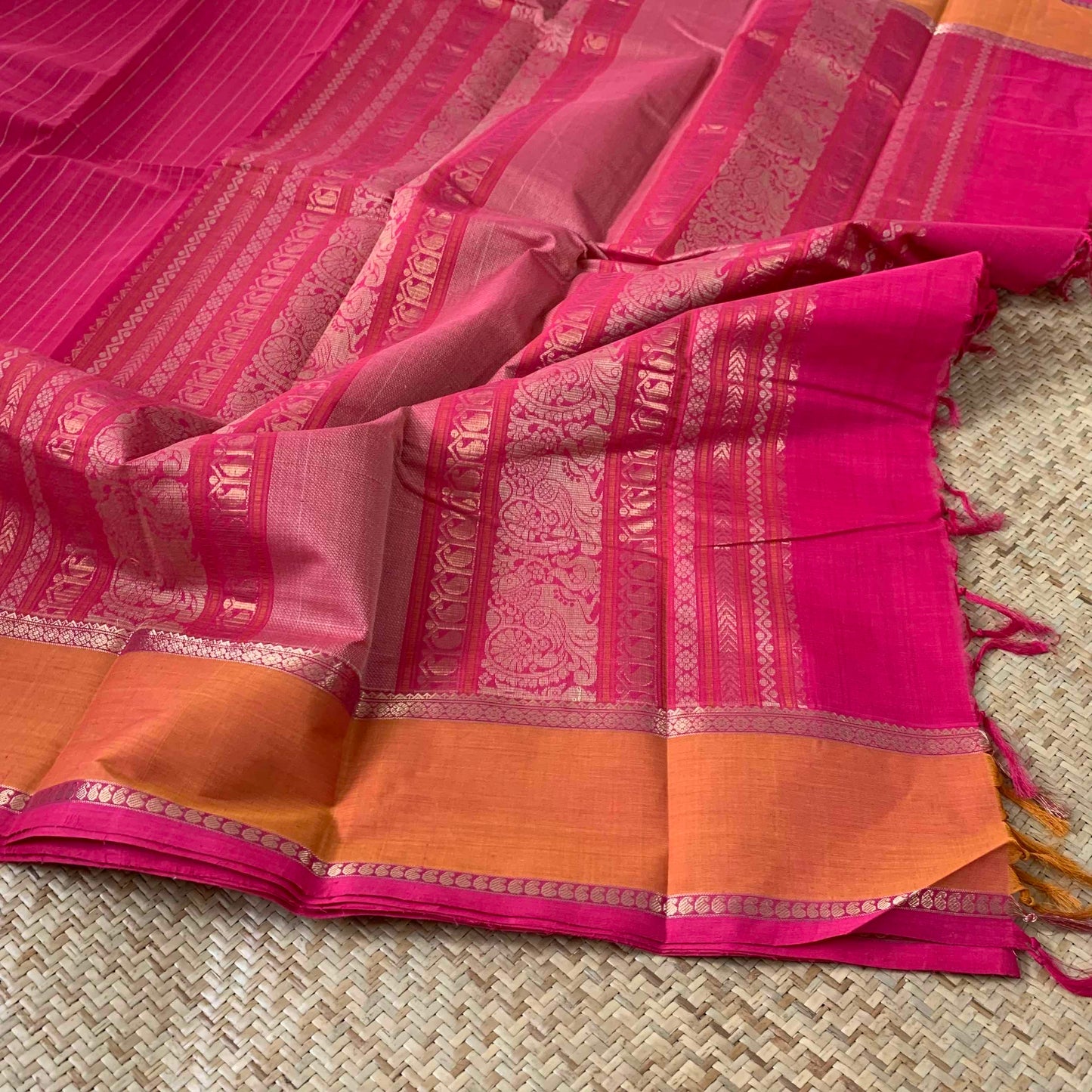 Handwoven Pink With Mustard, Kanchipuram Grand Pallu