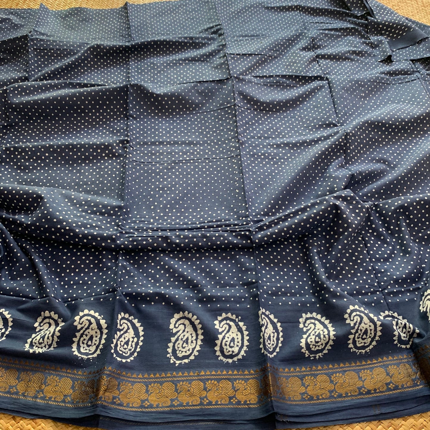 Blue Hand Crafted wax print Sungudi Mul Mul Cotton Saree