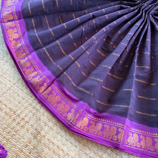 Dark Brown saree with Purple Border, Zari Velthari Madurai Sungadi Saree with blouse