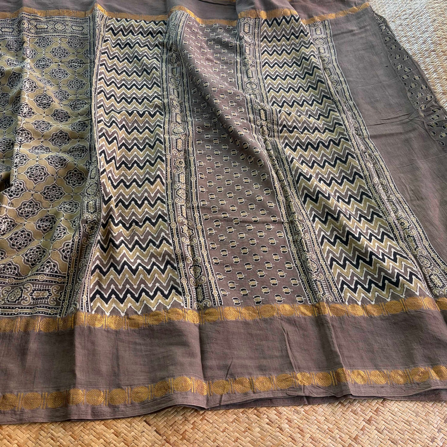 Taupe, Ajrak Hand Block Printed On Madurai Cotton Saree With Zari