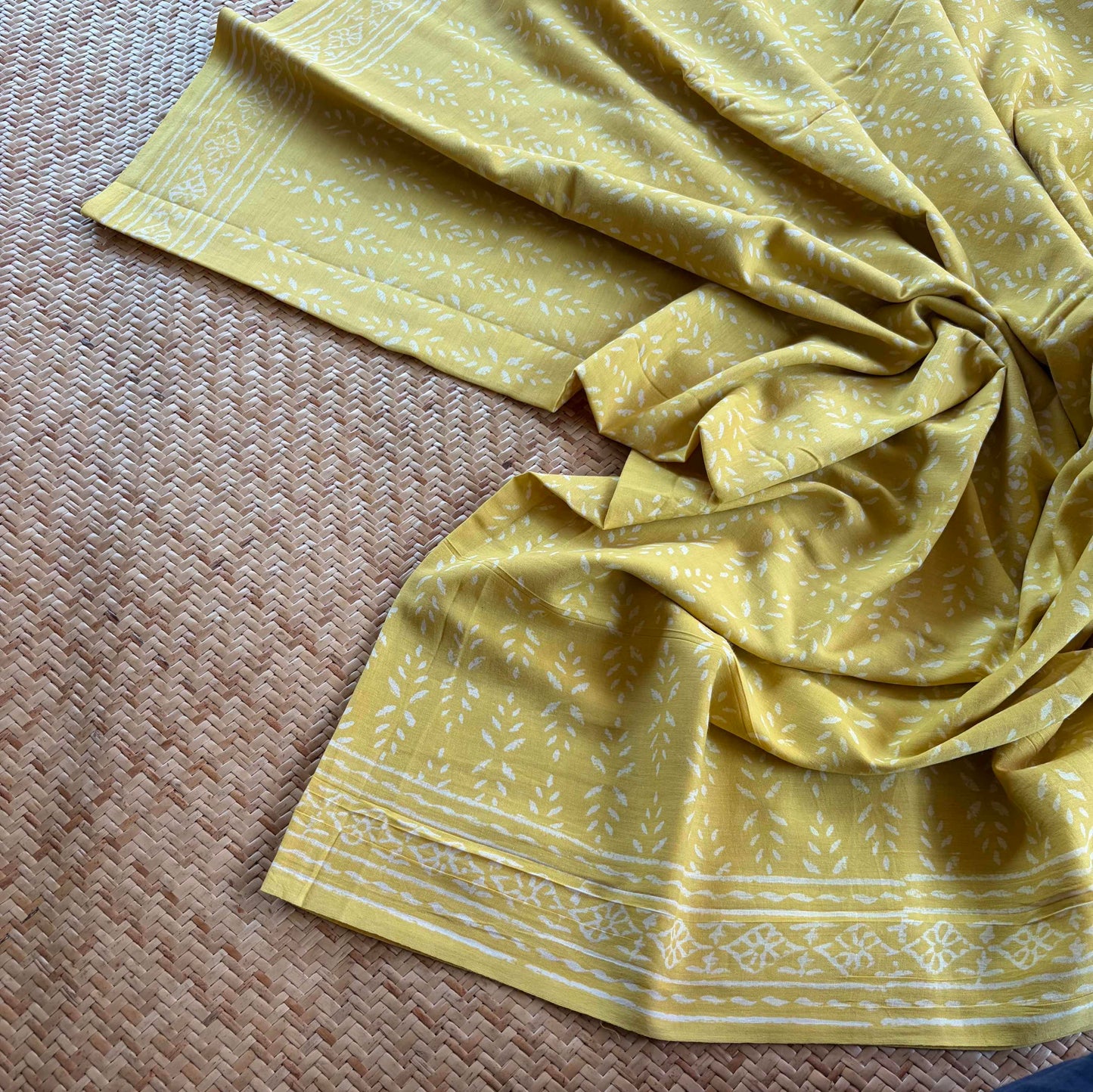 Mul Mul Cotton saree, Hand Block Printed, Yellow