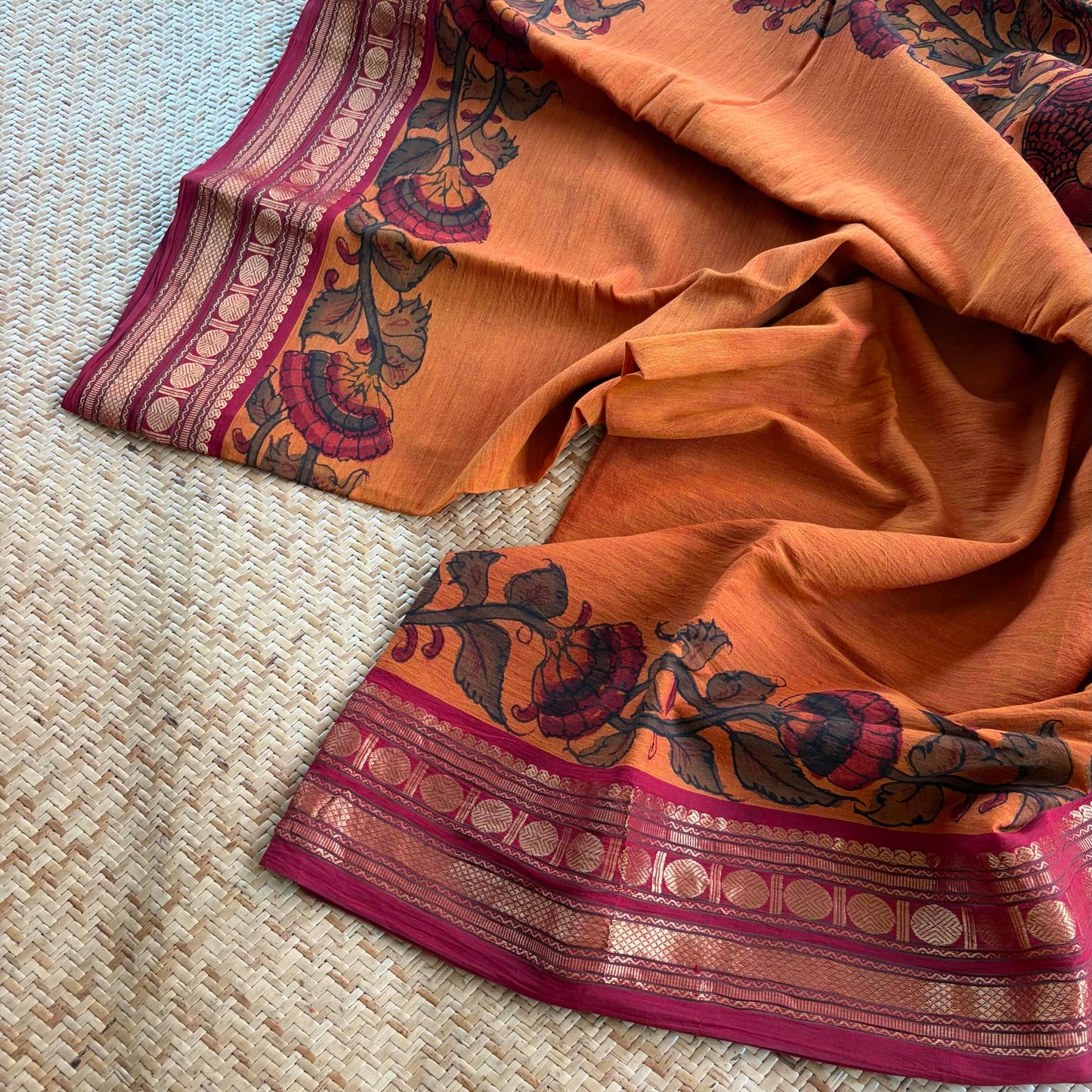 Orange, Kalamkari Hand Painted on Chettinad Cotton saree