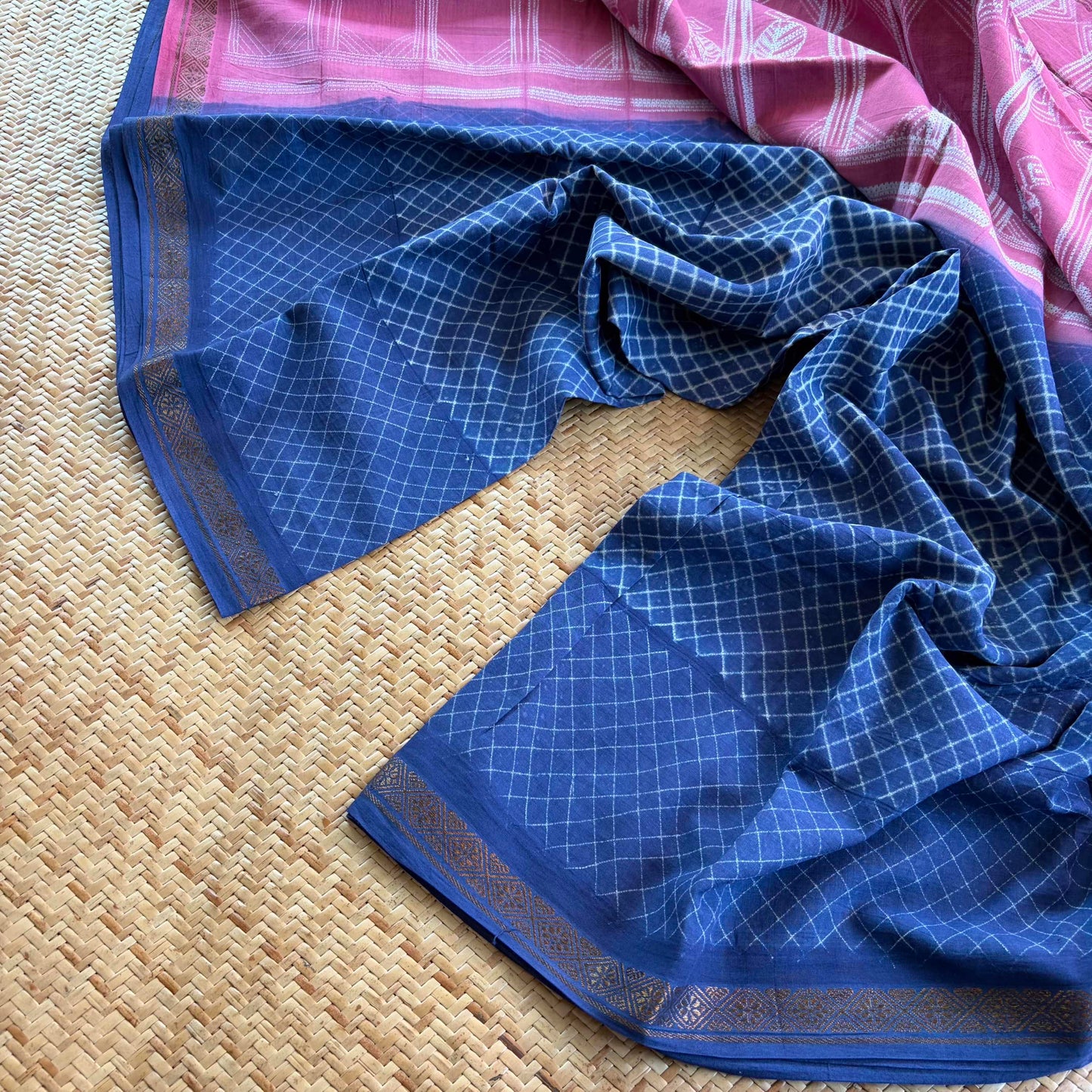 Indigo, Hand Crafted Nui Shibori Sungudi Cotton Saree