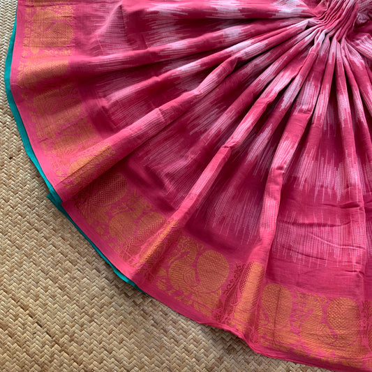 Pink with Green, Hand Crafted Nui Shibori Sungudi Cotton Saree