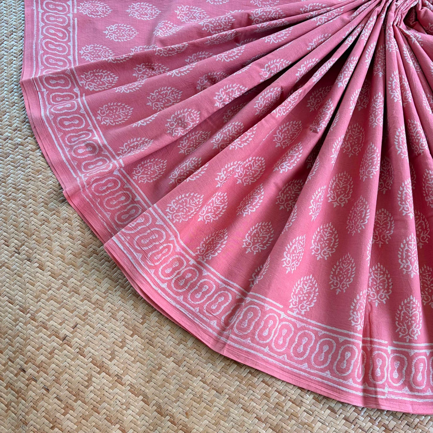 Mul Mul Cotton saree, Hand Block Printed, Pink
