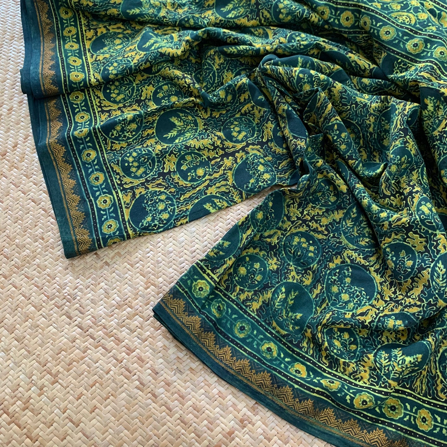 Algae- Green, Ajrak Hand Block Printed On Madurai Cotton Saree With Zari