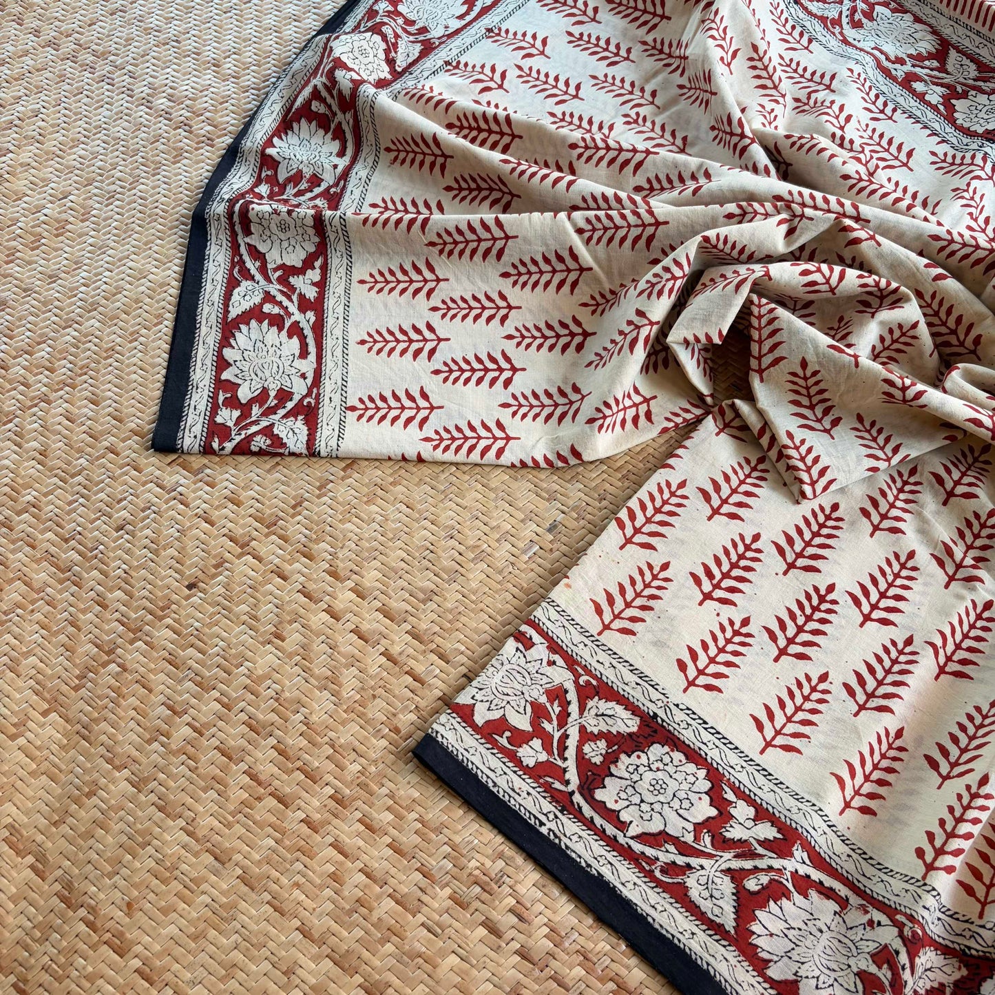 Mul Mul Cotton saree, Hand Block Printed, Beige