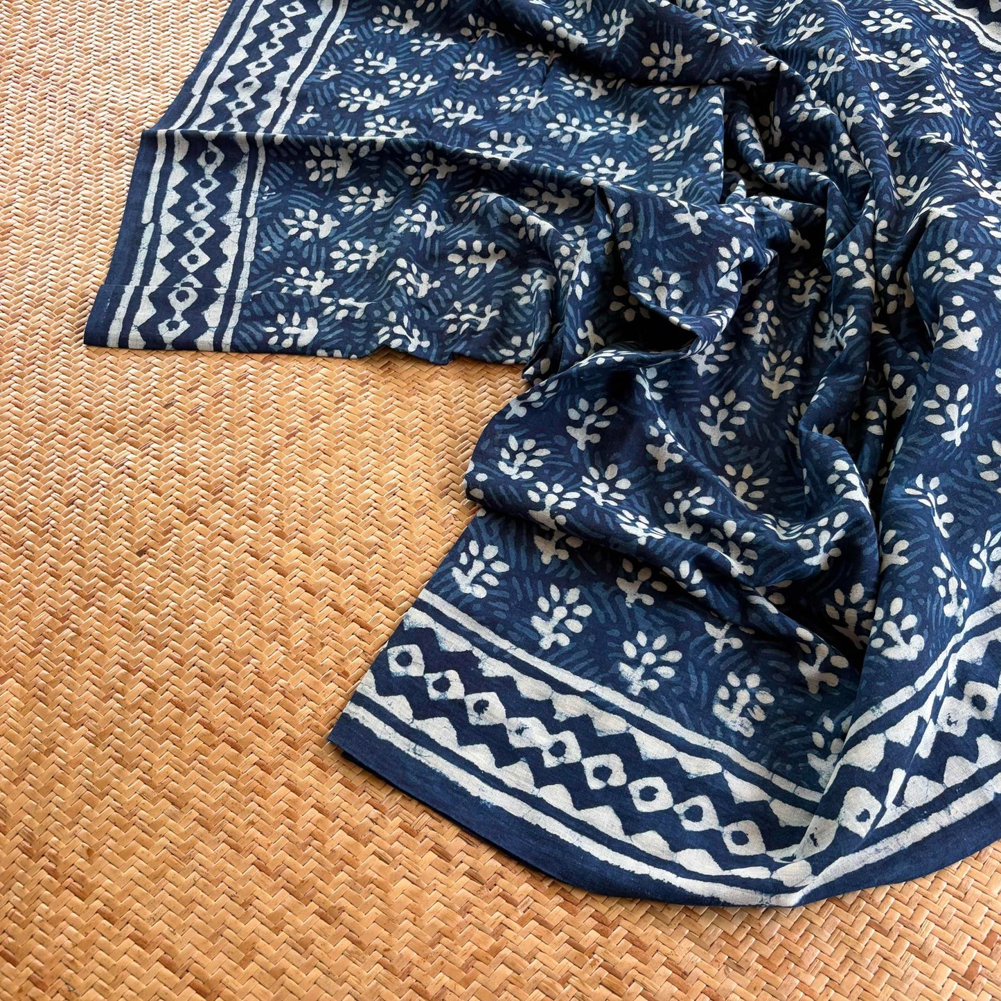 Mul Mul Cotton saree, Hand Block Printed, Indigo