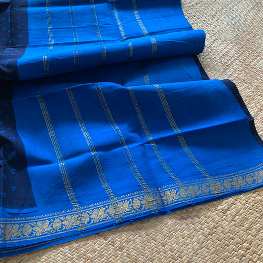 Navy Blue With Blue Wax Print, Half Fine Zari Premium Sungudi Cotton Sarees