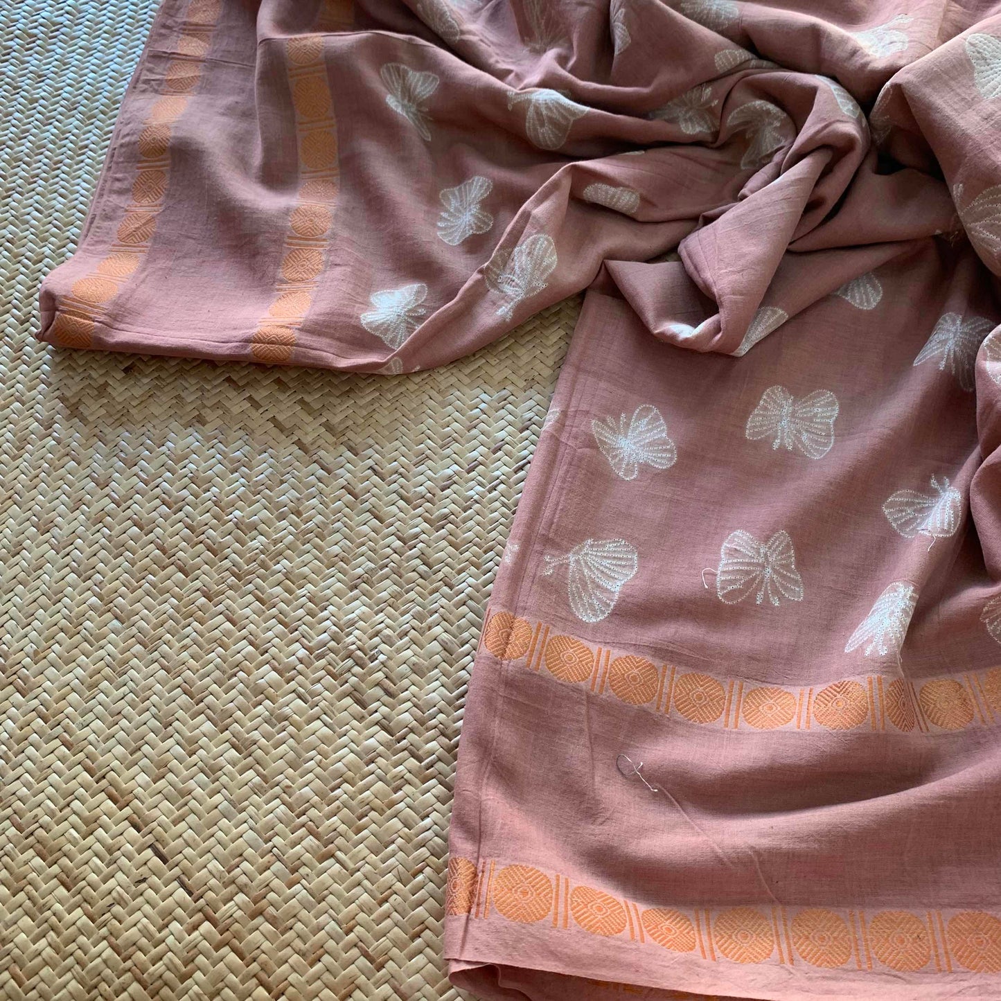 Butterfly - Nude Pink, Hand Crafted Shibori Sungudi Cotton Saree