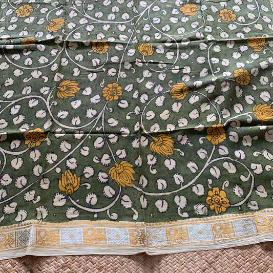 Green Floral, Kalamkari Hand Painted on a Madurai Sungudi Cotton CUT FABRIC